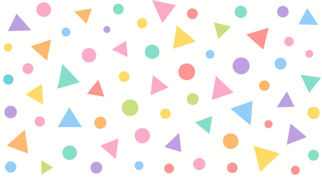 Scattered geometric confetti pieces in triangle and circle shapes tumbling across the composition in soft pastel rainbow tones, a versatile celebratory element for birthday and party graphic design pr