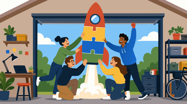 Excited startup founders launching a rocket made of teamwork from their tiny garage office in a clean flat vector illustration, perfect for entrepreneurship startup culture and innovation launch conce