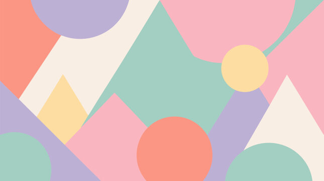 Creative flat vector illustration of a geometric abstract composition featuring overlapping triangles and circles in soft pastel tones, perfect for modern graphic design backgrounds and minimalist pos