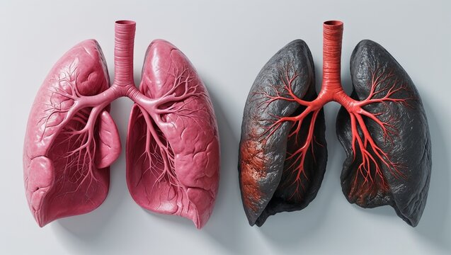 Healthy and Damaged Human Lung Anatomical Comparison Isolated on Clean Medical Background