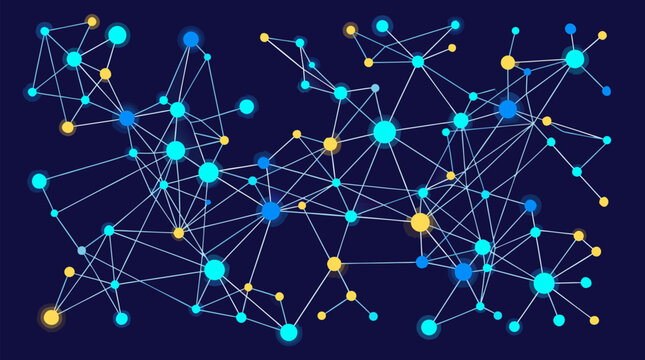 A luminous network of glowing nodes interconnected by thin lines forms an elegant constellation web pattern, ideal for technology, data science, and blockchain networking visuals in a clean flat vecto