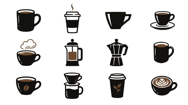 Assorted coffee cup and latte art icon collection.