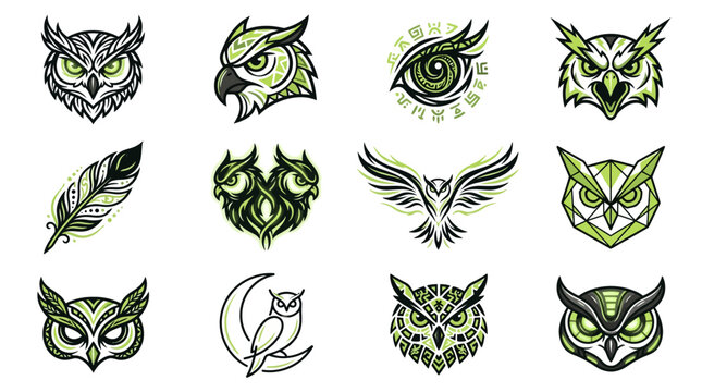 Assorted owl and feather icons in green and black.