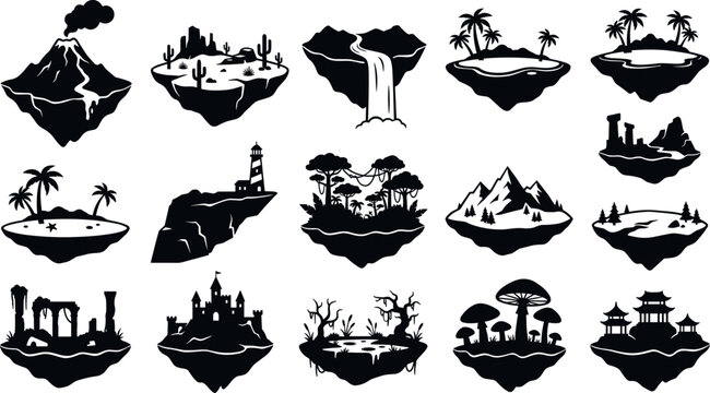 Fantasy floating islands and nature biomes silhouette vector icons set for gaming interface web application design marketing illustrations
