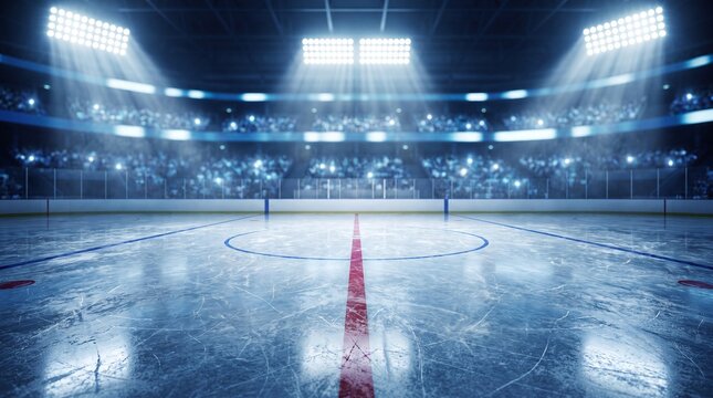 A wide-angle view of a professional ice hockey rink in a crowded stadium with bright stadium lights, featuring clear ice markings and a blurred audience background.