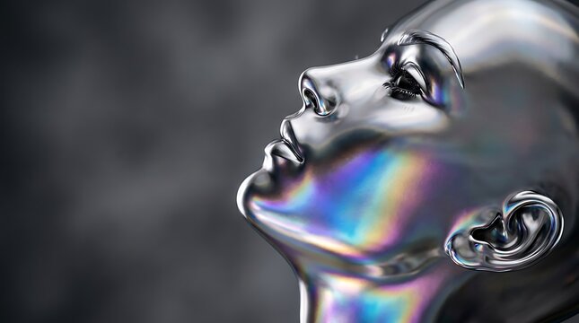 Closeup of a shiny metallic humanoid head with rainbow reflections on face