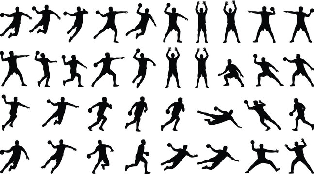 Comprehensive Set of Professional Handball Player Silhouettes Featuring Diverse Dynamic Actions, Throwing Poses, and Athletic Movements for Sport Graphic Designs