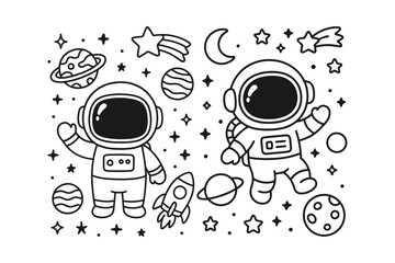 Two cute cartoon astronauts floating in space with planets, stars, rockets, and moons in a simple black line drawing style © BWKit