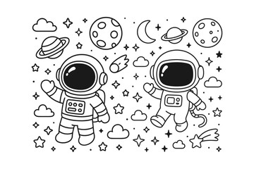Two cute astronauts waving happily in a thick black and white line art style for a fun children coloring page © BWKit