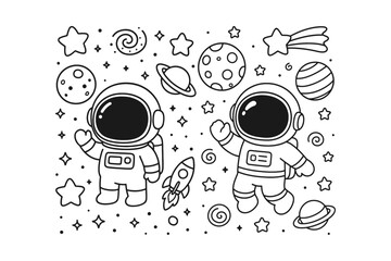 Two cute astronauts waving in space surrounded by planets stars and a rocket ship in a simple black line style © BWKit