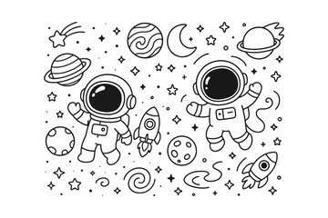 Two cute astronauts wearing space suits floating in a galaxy with rockets, planets, stars, and moon in doodle art style © BWKit