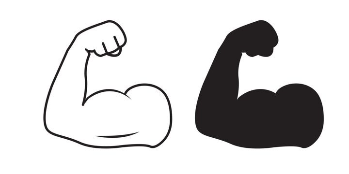 Muscle arm vector icon set. Strong flexed biceps symbols for fitness, gym, bodybuilding, strength, power, outline & solid isolated