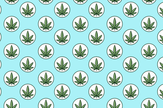 Cannabis Leaf Pattern - Repeating  Seamless Green Marijuana Leaves on Blue Background.
