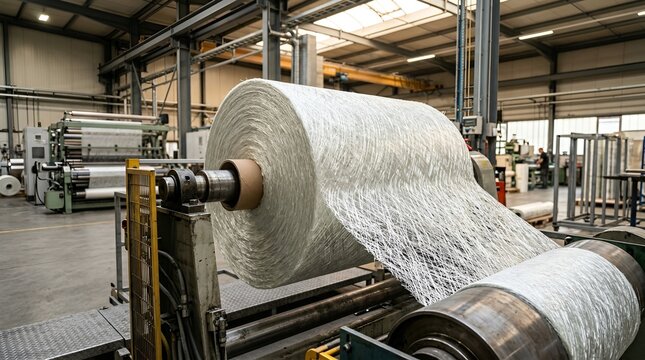 Industrial fiberglass production: large fabric roll on machinery