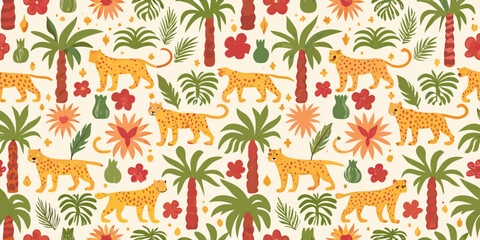 Tropical floral and cheetah pattern illustrated vector design with botanical elements © Ripa