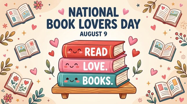 Cute illustrated stack of books with smiling faces celebrating national book lovers day event