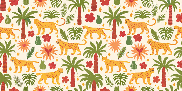 Tropical floral and cheetah pattern illustrated vector design with botanical elements