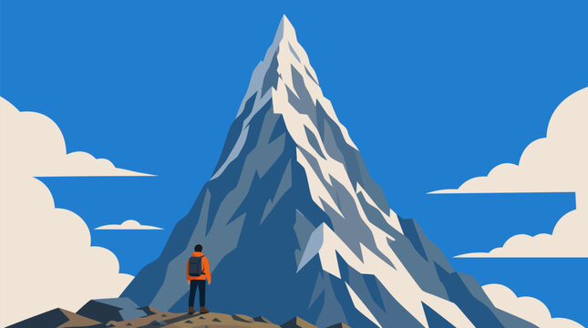 A small figure standing at the base of an impossibly tall mountain gazing far upward, a powerful flat vector illustration representing ambition, big goals and the long journey to success