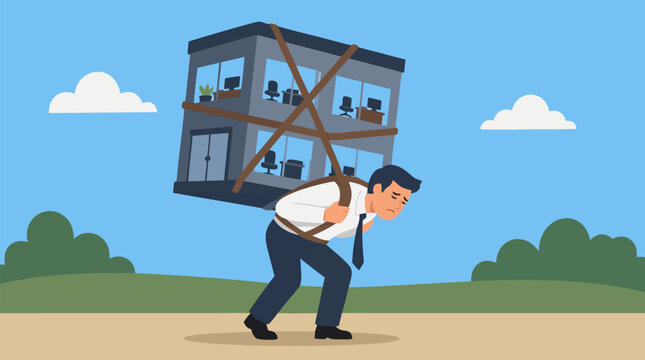 A burdened man carrying his entire tiny office building strapped heavily onto his back, a humorous flat vector illustration about overwork, corporate responsibility and the weight of business obligati