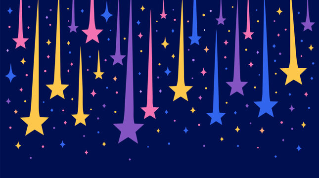 A cascade of glittering falling stars and sparkles tumbling over a rich indigo night sky backdrop, an enchanting flat vector illustration suited for festive celebrations, holiday greetings and premium