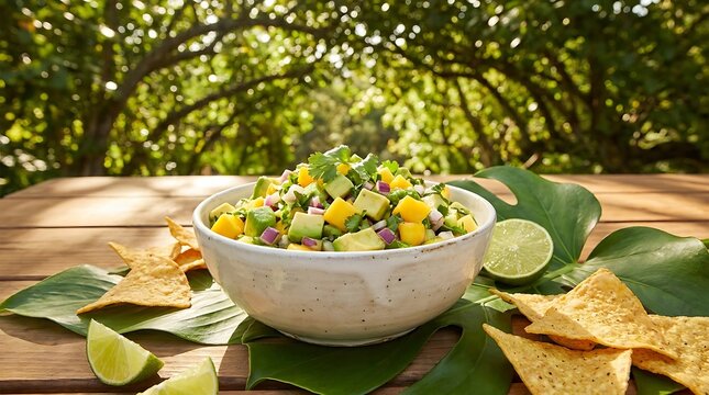 Fresh bowl of chunky avocado and mango salsa with crunchy corn tortilla chips on a wooden table top. avocado mango salsa