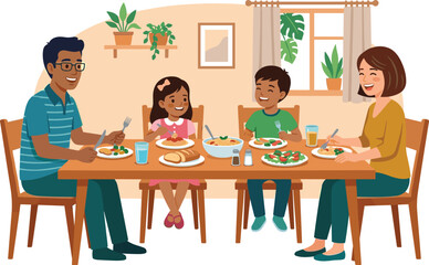 Fototapeta premium Happy Multicultural Family Eating Dinner Together at Dining Table with Healthy Food and Drinks in a Cozy Home Interior Vector Illustration