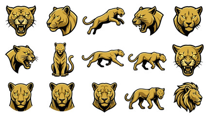 Golden cougar and puma full body icons. © Azam