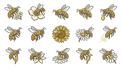 Golden honey bee and flower illustration icon set. © Azam