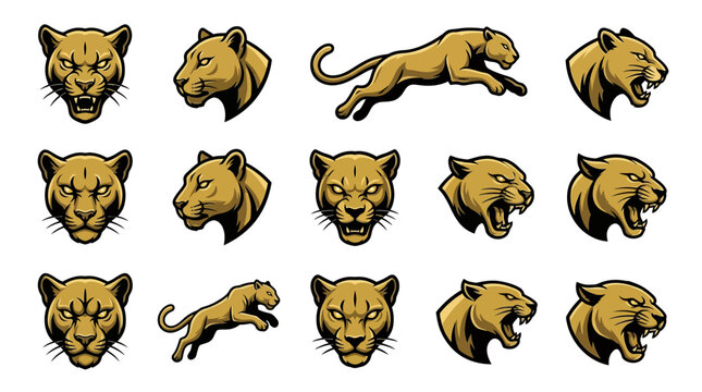 Golden puma mascot icons in pouncing poses.