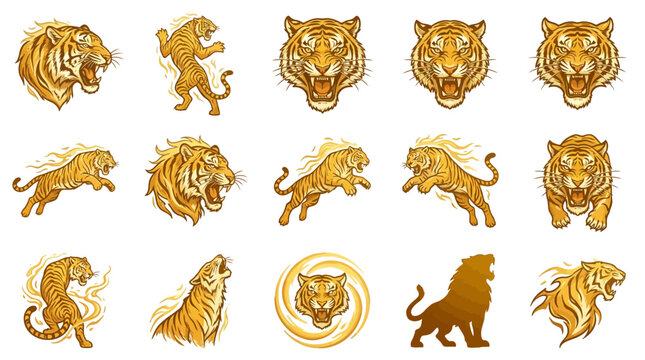 Golden tiger and lion sports mascot illustrations.