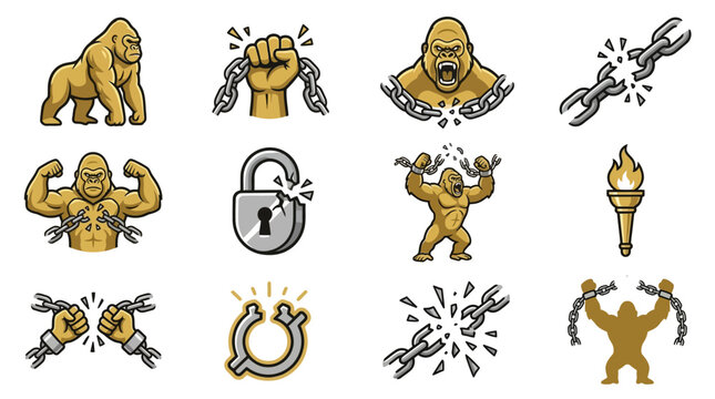 Gold gorilla breaking chains freedom logos.