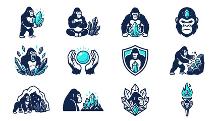 Gorilla illustrations holding glowing blue crystals and gems. © Azam