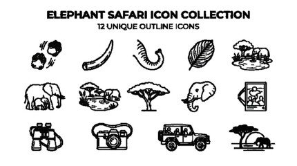 Elephant safari icon collection with 12 unique outline icons including footprints, tusk, trunk, leaf, elephant family, watering hole, jungle tree, and elephant face. white background    © MDRAHMET