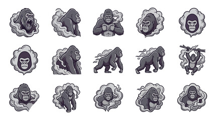Gorilla mascot characters with smoke cloud effects set. © Azam