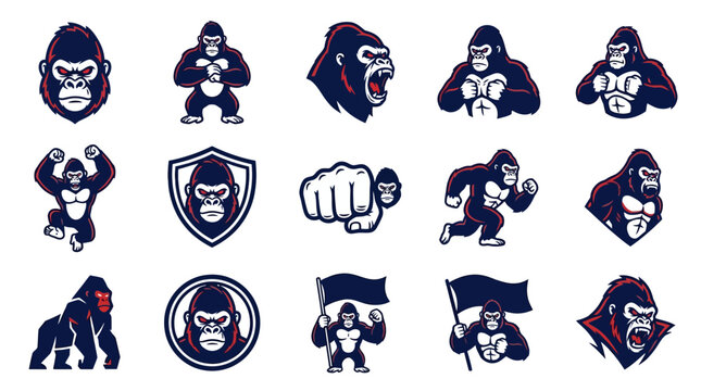 Gorilla head logos and athletic primate mascot emblem set.
