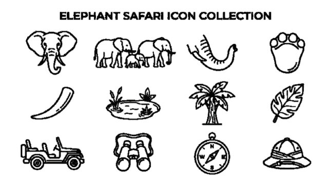 Elephant safari icon collection with 12 unique outline icons including footprints, tusk, trunk, leaf, elephant family, watering hole, jungle tree, and elephant face. white background 

