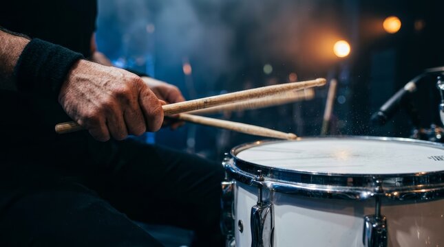 Drummer hands holding drumsticks to strike the snare drum during a musical performance.