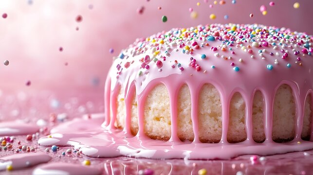 A delicious round cake covered in sweet pink frosting with colorful sprinkles falling down