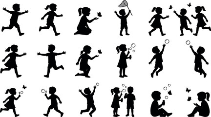 Fototapeta premium Happy children running catching butterflies and blowing bubbles silhouette vector characters set for school education graphic design elements