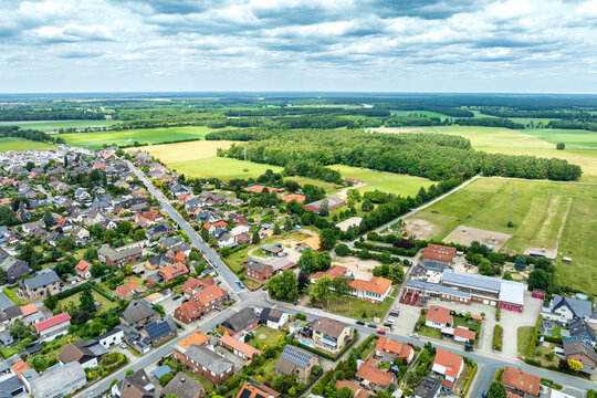 Aerial drone view of Oslo&szlig;, District of Gifhorn, Lower Saxony, Germany