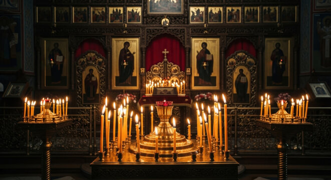 Orthodox church altar interior featuring ornate wooden iconostasis golden icons and many burning candles in sacred prayer space solemn lighting.