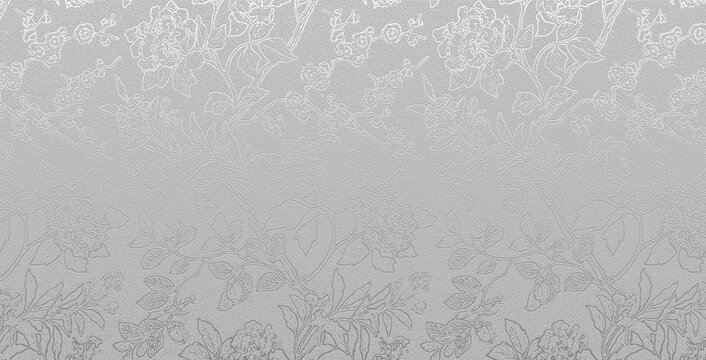 A metallic silver background featuring an elegant, embossed botanical and floral texture.