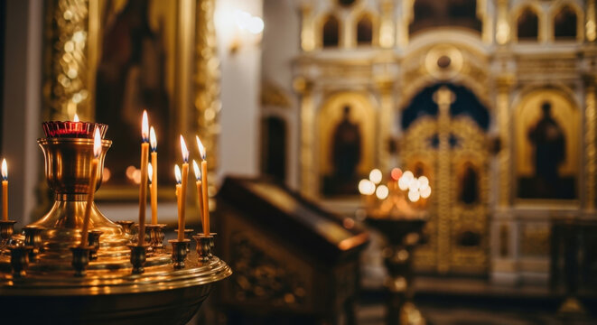 Orthodox church interior with glowing golden candle stand holding burning candles in front of traditional christian icons on church altar wall.