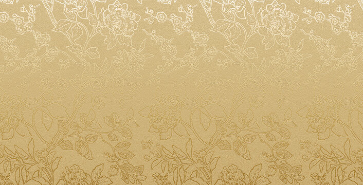 A metallic gold background featuring an elegant, embossed botanical and floral texture.