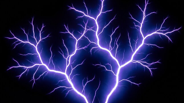 Purple lightning bolt network against a black background photorealistic image