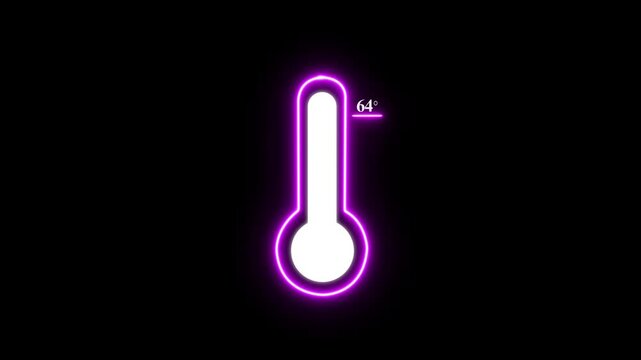Glowing blue neon outline of a thermometer showing sixty four degrees on a dark black background for weather and climate data visualization concepts