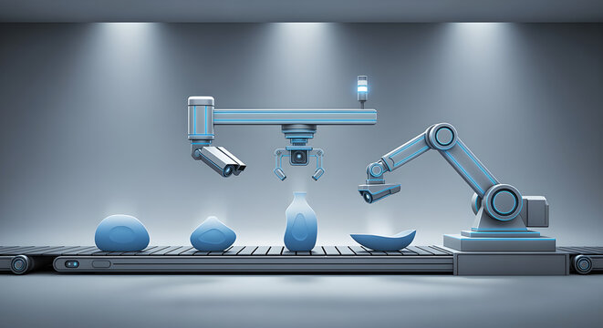 Robotic Arm Handles Eggs on Conveyor Belt