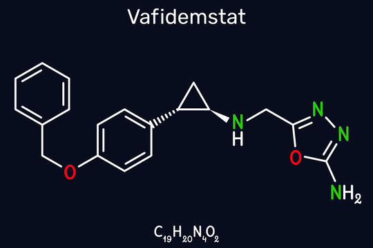 Vafidemstat molecule. ORY-2001, epigenetic drug alzheimer's disease, LSD1 inhibitor, lysine-specific demethylase 1 inhibitor. Dark blue background