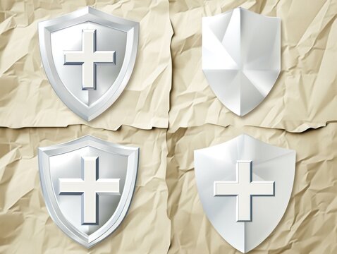 Illustration of four folded paper shields with 3D cross symbols