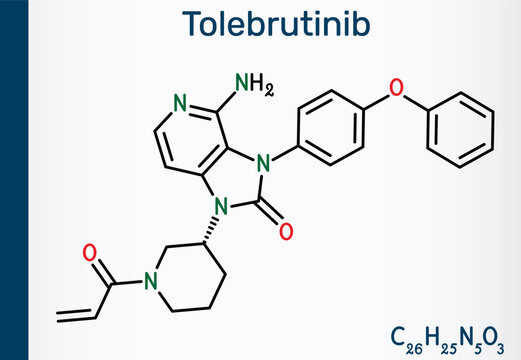 Tolebrutinib drug molecule. BTK inhibitor, Bruton's tyrosine kinase inhibitor, multiple sclerosis treatment.